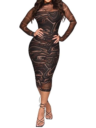 Fastkoala Women’s Long Sleeve Printed Mesh Bodycon Midi Dress – Slim Fit