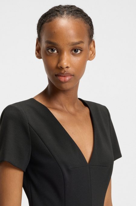 HUGO Women’s V-Neck Slim Fit Midi Dress – Black